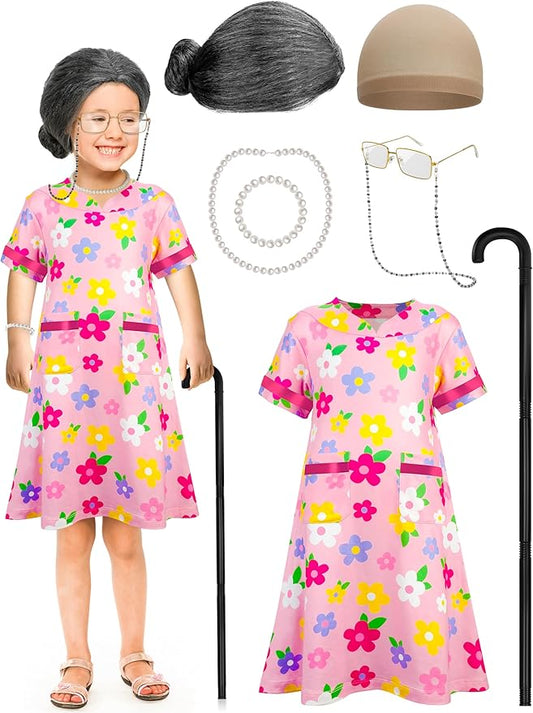 100 Days of School Costume, Old Lady Cosplay Girls Black White Bun Wig Cap Glasses Cane Necklace Bracelet for Kids