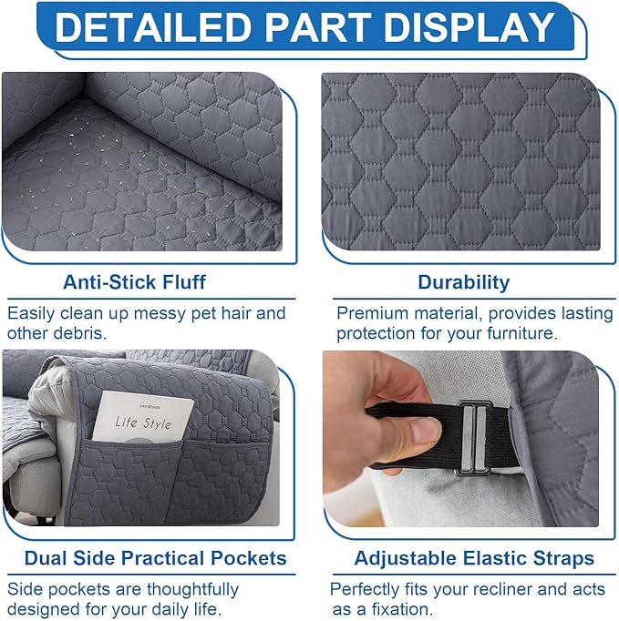 100% Waterproof Recliner Covers for Recliner Chair, Non-Slip Recliner Chair Cover with 5 Pockets, Elastic Straps, Washable Reclining Chair Protector for Kids, Pets, Dogs, Light Gray