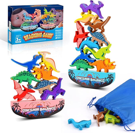 Dinosaur Toys for Kids 3-5: Wooden Stacking Montessori Toys for 3 4 5 6 7 Year Old Balance Competition Game for Family Ideal Easter Birthday Gifts for Kids Ages 3-7 (Double Version)