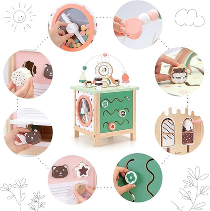 PairPear Wooden Activity Cube Montessori Toys Wooden Play Cube Activity Center Baby Busy Board Multifunctional Early Educational Development Toys Sensory Gifts for Toddlers Girls Boys 1 2 3 Year Old