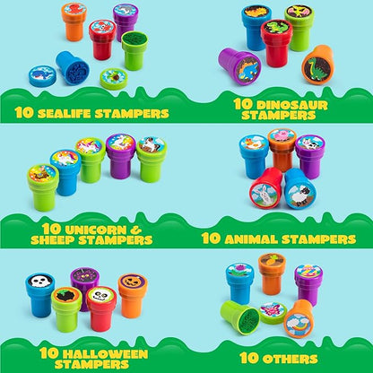 100 Pcs Assorted Stamps for Kids Self-Ink Stamps (50 Different Designs, Dinosaur, Zoo Safari Stampers) for Party Favor, Carnival Prizes, School, Easter Egg Stuffers, Halloween, Christmas