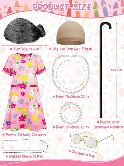100 Days of School Costume, Old Lady Cosplay Girls Black White Bun Wig Cap Glasses Cane Necklace Bracelet for Kids