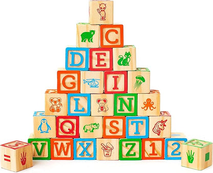 Building Blocks for Toddlers 1-3 Years Old, 30 Large Stackable Wooden Baby Blocks with Alphabet and Number Icons on Every Side, Toy Wagon Included﻿