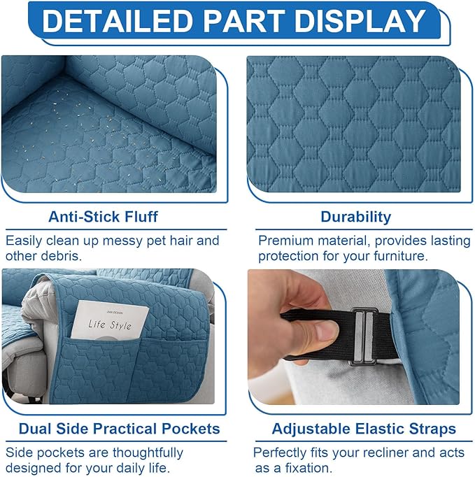 100% Waterproof Recliner Chair Covers That Stay in Place, Non-Slip Recliner Cover with 5 Pockets, Elastic Straps, Washable Reclining Chair Protector for Kids, Pets, Dogs, Gray Blue