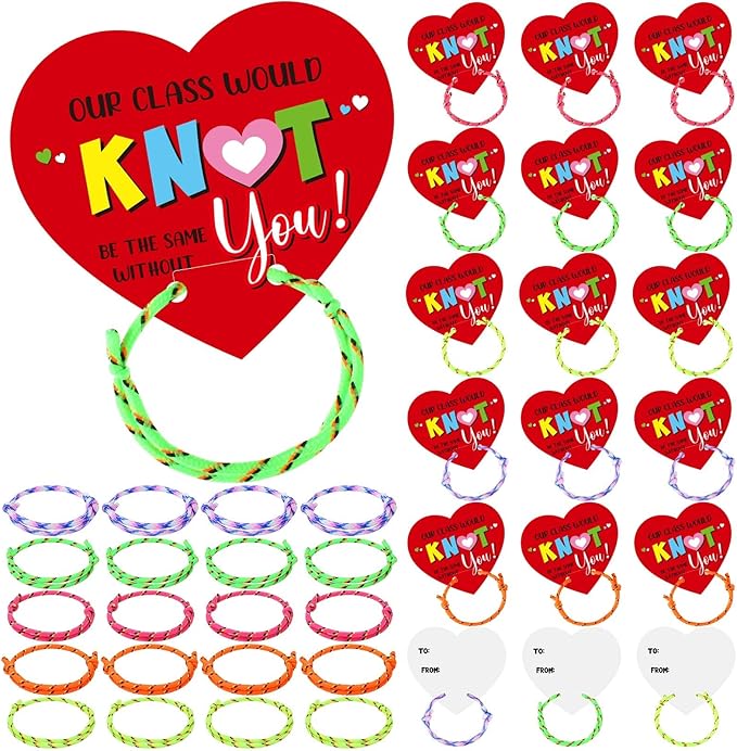 100 Pack Valentine Knot Bracelets with Card Student Valentine Gifts from Teacher Bulk Kids Friendship Bracelets Will Knot Be The Same Without You Classroom Exchange Cards for Party Favors