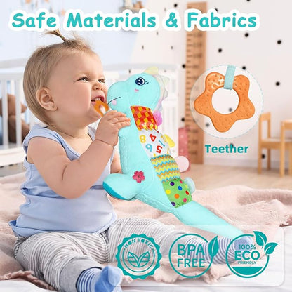 Baby Dino Plush Soft Stuffed Animal Toy for 0-3-6-12+ Months,Infant Musical Toy with Rattle,Squeaker,Sensory Crinkle,Teether & Textures,Tummy Time Toys Christmas Baby Gift for Newborn Girl Boy (Blue)