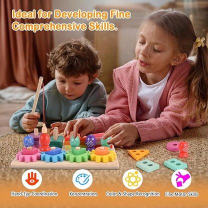 Montessori Toys for 3 4 5 Years Old Toddlers, Wooden Sorting & Stacking Toys, Shape Sorter and Color Stacker Preschool Kids Gifts, 3-in-1 Educational Toy Gift for Baby Boys Girls