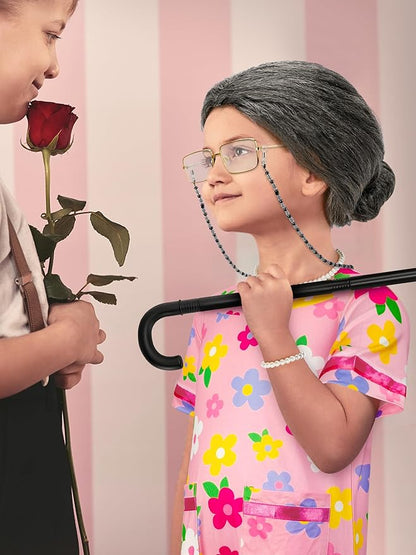 100 Days of School Costume, Old Lady Cosplay Girls Black White Bun Wig Cap Glasses Cane Necklace Bracelet for Kids