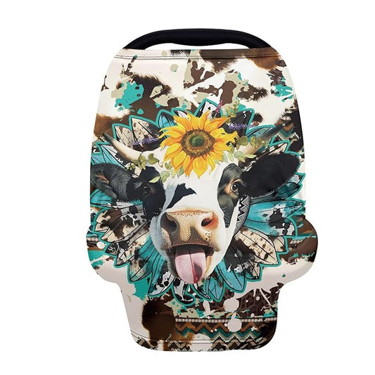 Binienty Brown Cow Sunflower Stretchy Car Seat Covers for Baby Boys Girls Infants,Breathable Babies Stroller Cover Canopies,Baby Shower Gifts