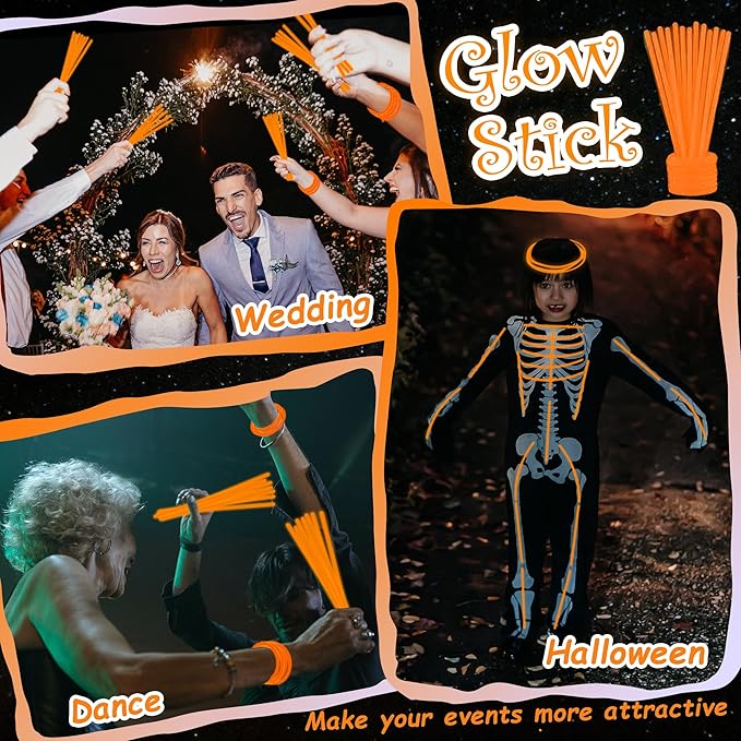 100 pk 8" Orange Glow Sticks Bulk Party Favors, Light up Glow Necklaces & Bracelets in the Dark Party Supplies For Christmas Halloween Birthday Neon Party (100 * Orange)