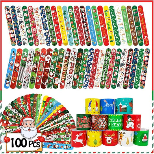 100Pcs Christmas Slap Bracelets, Christmas Party Favors for Kids, Christmas Stocking Stuffers, Christmas Toys For kid and children, Party Gift Bag Filler Supply