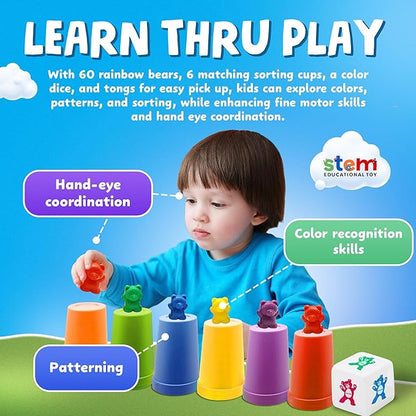 Skoolzy Counting Bears Set - 70 Pc Color Sorting Sensory Toys for Toddlers 3-4 - Montessori Toys for 3 Year Old - Autism Toys for Toddlers 3-4 - Color Sorting Toys for Toddlers Learning + Education