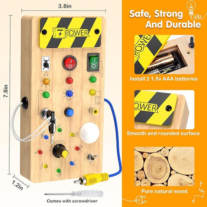 Montessori Toddler Toys-Baby Wooden Busy Board-Sensory Toys with Light Switch-Baby Travel Toys-Preschool Educational Learning Activities Toys-Gifts for Boys Girls Ages 1 2 3 4+ Year Old