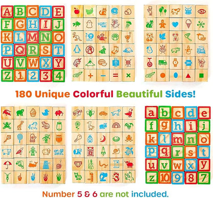 Building Blocks for Toddlers 1-3 Years Old, 30 Large Stackable Wooden Baby Blocks with Alphabet and Number Icons on Every Side, Toy Wagon Included﻿
