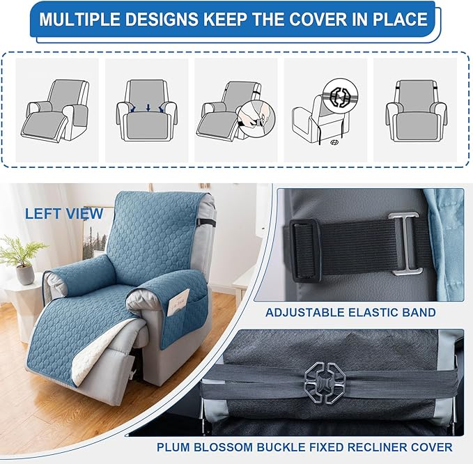 100% Waterproof Recliner Chair Covers, Anti-Slip Recliner Cover, Washable Recliner Slipcover with Pocket, Elastic Straps for Pets, Dogs, Gray Blue