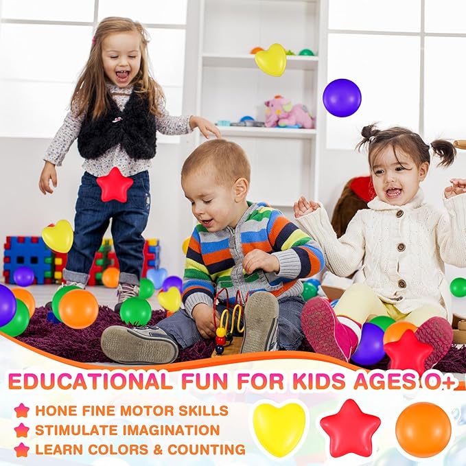 100 Pieces Ball Pit Balls for Kids Star Heart Shape Plastic Balls for Toddler Playpen 2.17'' Play Toy Ball for Crawl Tunnel Inflatable Pool Birthday Party Decoration