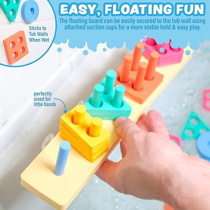 Tub Works® Splash, Stack & Sort™ Shape Sorter & Stacking Toddler Bath Toy | 20 Foam Pieces | Color Sorting & Shape Stacking Kids Bath Toys | Floats & Sticks to Tub Walls | Early Learning Bathtub Toys