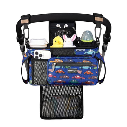 TOPDesign Universal Baby Stroller Organizer, Stroller Caddy with Detachable Mesh Bag & Heightened Insulated Cup Holders & Non-Slip Secure Hooks Accessories, Fits Most Strollers (Cars)