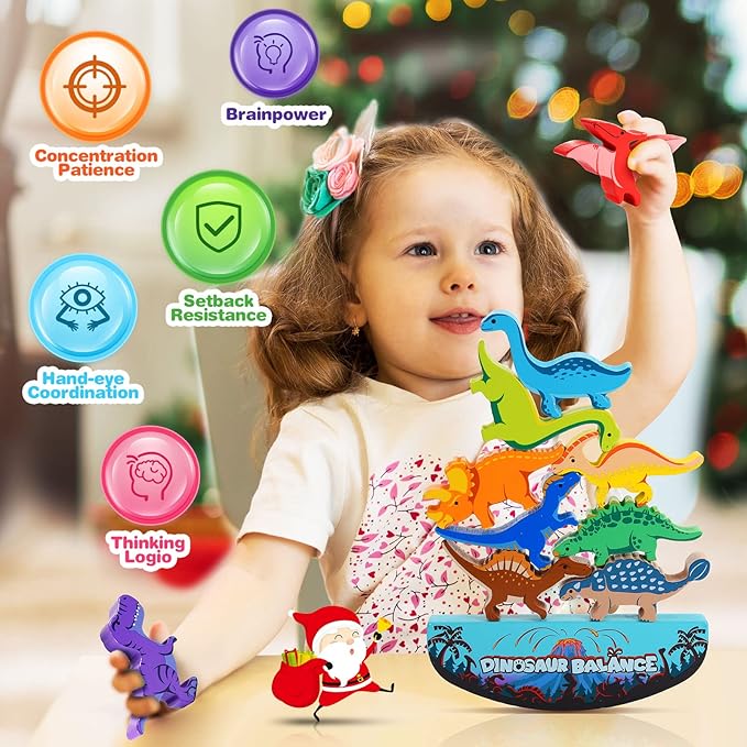 Dinosaur Toys for Kids 3-5: Wooden Stacking Montessori Toys for 3 4 5 6 7 8 Year Old Boys Girls Balance Competition Game for Family Easter Birthday Gifts for Kids Ages 4-8 (Classic Version)