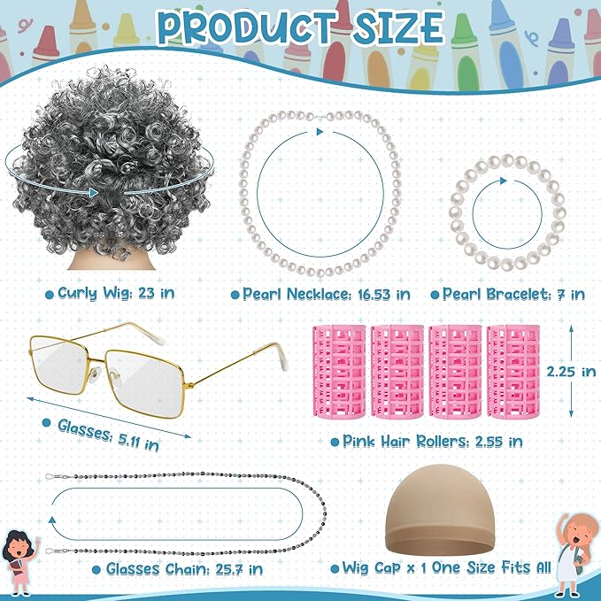 100 Days of School Costume, Old Lady Black White Curly Wig Glasses Wig Cap Necklace Bracelet Hair Rollers Cosplay Kit for Kid