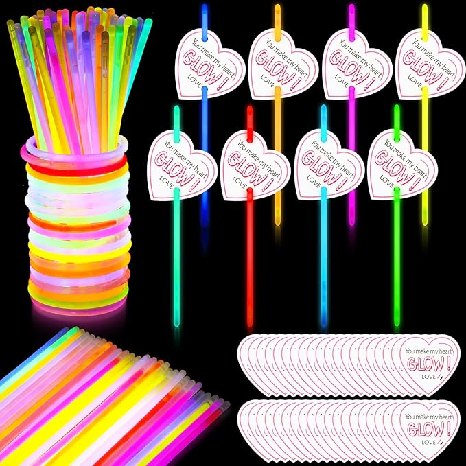 100 Sets Valentine's Day Party Supplies Gifts Include 100 Glow Sticks with 100 Heart Cards, Valentine Prize Exchange Cards Glow in the Dark Party Favors