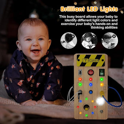 Montessori Toddler Toys-Baby Wooden Busy Board-Sensory Toys with Light Switch-Baby Travel Toys-Preschool Educational Learning Activities Toys-Gifts for Boys Girls Ages 1 2 3 4+ Year Old