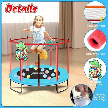 Pink Indoor Trampoline for Kids 2-5, 5ft Mini Indoor & Outdoor Small Toddler Trampoline with Net and Basketball Hoop