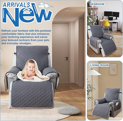 100% Waterproof Recliner Chair Covers That Stay in Place, Non-Slip Recliner Armchair Cover with 5 Pockets, Elastic Straps, Washable Reclining Chair Protector for Kids, Pets, Dogs (Grey, 25inch)