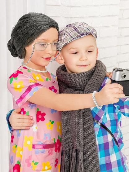 100 Days of School Costume, Old Lady Cosplay Girls Black White Bun Wig Cap Glasses Cane Necklace Bracelet for Kids