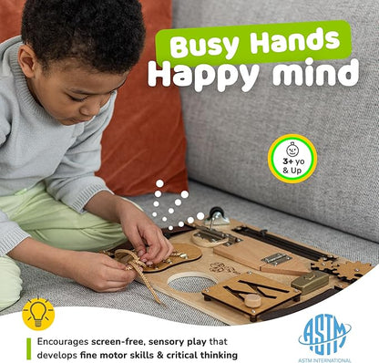Montessori Busy Board for Toddlers, Premium Wooden Toddler Busy Board for 1 2 3 Year Old with 10 Educational Activities for Fine Motor Skills, Sensory Activity Toy for Travel, Gift for Boys & Girls
