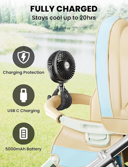 AMACOOL Baby Stroller Fan - 5000mAh Rechargeable, 3-Speed, Strong Yet Quiet, 360°Rotate Portable Clip on Fan for Travel, Car Seat, Crib, Bike, Treadmill, Beach Vacation Essentials