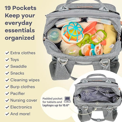RUVALINO Diaper Bag Backpack-Expandable Baby Bag with up to 50% Capacity -Baby Essentials Bag with Changing Pad Insulated Bottle Holders & Pacifier Case, Waterproof, Gray XL