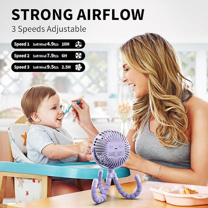 AMACOOL Battery Operated Stroller Fan Flexible Tripod Clip On Fan with 3 Speeds and Rotatable Handheld Personal Fans for Car Seat Crib Bike Treadmill (Purple)