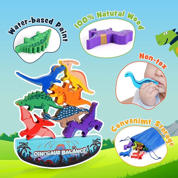 Dinosaur Toys for Kids 3-5: Wooden Stacking Montessori Toys for 3 4 5 6 7 8 Year Old Boys Girls Balance Competition Game for Family Easter Birthday Gifts for Kids Ages 4-8 (Classic Version)