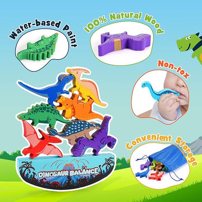 Dinosaur Toys for Kids 3-5: Wooden Stacking Montessori Toys for 3 4 5 6 7 8 Year Old Boys Girls Balance Competition Game for Family Easter Birthday Gifts for Kids Ages 4-8 (Classic Version)