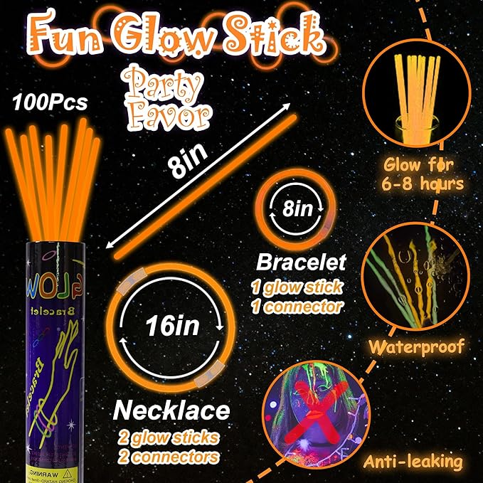 100 pk 8" Orange Glow Sticks Bulk Party Favors, Light up Glow Necklaces & Bracelets in the Dark Party Supplies For Christmas Halloween Birthday Neon Party (100 * Orange)