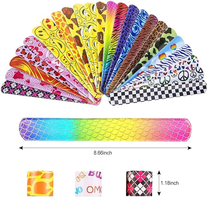 100 Pack Slap Bracelets | Slap Bands Birthday Party Supplies Favors with Hearts & Animal Print | One Size Fits All | For Kids, Boys, And Girls