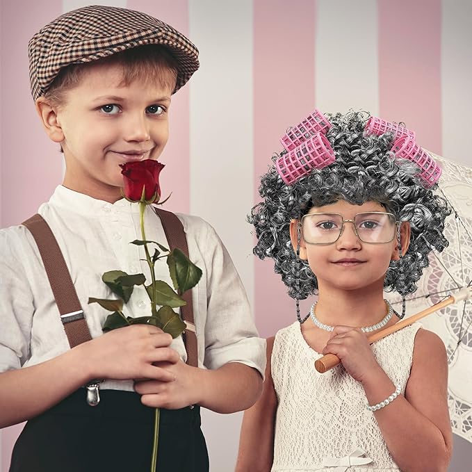 100 Days of School Costume, Old Lady Black White Curly Wig Glasses Wig Cap Necklace Bracelet Hair Rollers Cosplay Kit for Kid