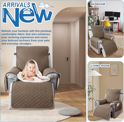 100% Waterproof Recliner Chair Covers That Stay in Place, Non-Slip Recliner Armchair Cover with 5 Pockets, Elastic Straps, Washable Reclining Chair Protector for Kids, Pets, Dogs (Khaki, 30inch)