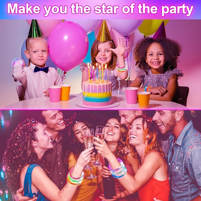 100 Pcs LED Bracelets,6 Color Glow Bracelets,Light Up Bracelets,Glow in the Dark Party Supplies for Kids & Adults,Glow in The Dark Bracelets for Concert Birthday Carnival Party Favors