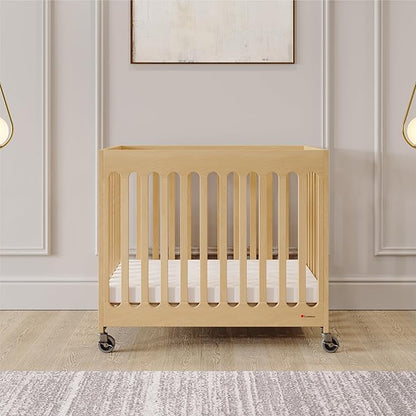 Foundations Boutique Folding Hotel Crib and Sheet Bundle - Includes Wooden Mini Crib with 3" Foam Mattress (Natural) and 6-Pack White Fitted Compact Sheets