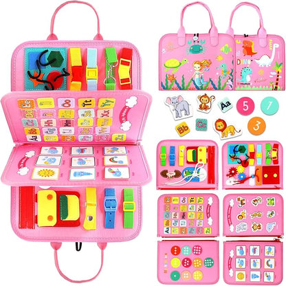 Qizfun Busy Board Montessori Toy for 1 2 3 4 Years Old, Educational Activity Sensory Board Preschool Learning Fine Motor Skills Toys, Toddler Travel Toy for Plane Car, Gift for Boys Girls (Pink/P4)