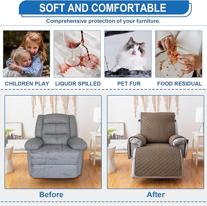 100% Waterproof Recliner Chair Covers That Stay in Place, Non-Slip Recliner Armchair Cover with 5 Pockets, Elastic Straps, Washable Reclining Chair Protector for Kids, Pets, Dogs (Khaki, 30inch)