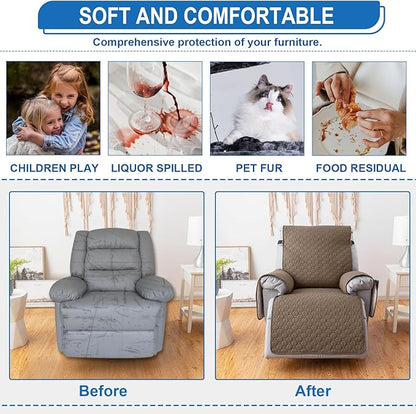 100% Waterproof Recliner Chair Covers That Stay in Place, Non-Slip Recliner Armchair Cover with 5 Pockets, Elastic Straps, Washable Reclining Chair Protector for Kids, Pets, Dogs (Khaki, 30inch)