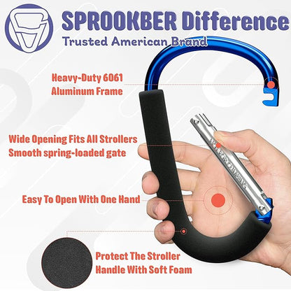 sprookber 6.7 Inch Large Stroller Hooks for Diaper Bags & Purses, Heavy Duty Mommy Hooks for Shopping, Grocery, Backpack – Baby Stroller Accessories, Set of 2 (Bule)