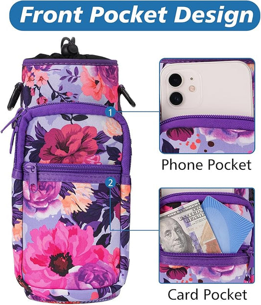 32 40 oz Water Bottle Carrier with Strap, Neoprene Water Bottle Sleeve Bag with 2 Pockets Insulated Flask Sling Holder for Walking Hiking Gym