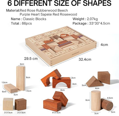 Alphabet Number Early Math Wooden Building Blocks Set - 86 Blocks in 6 Shapes with Wooden Storage Tray. Preschool Montessori Kids Toys. Stacking Learning Toys for Toddlers. Age 3 Years +