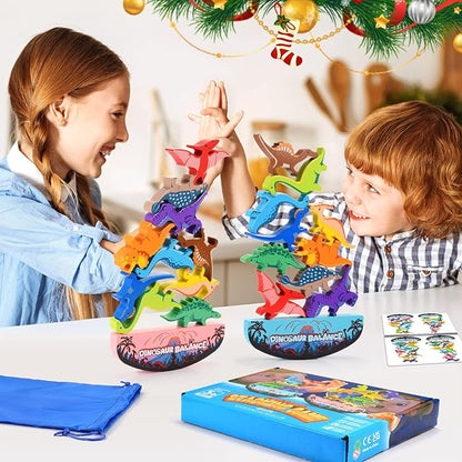 Dinosaur Toys for Kids 3-5: Wooden Stacking Montessori Toys for 3 4 5 6 7 Year Old Balance Competition Game for Family Ideal Easter Birthday Gifts for Kids Ages 3-7 (Double Version)
