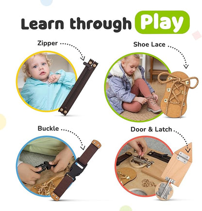 Montessori Busy Board for Toddlers, Premium Wooden Toddler Busy Board for 1 2 3 Year Old with 10 Educational Activities for Fine Motor Skills, Sensory Activity Toy for Travel, Gift for Boys & Girls