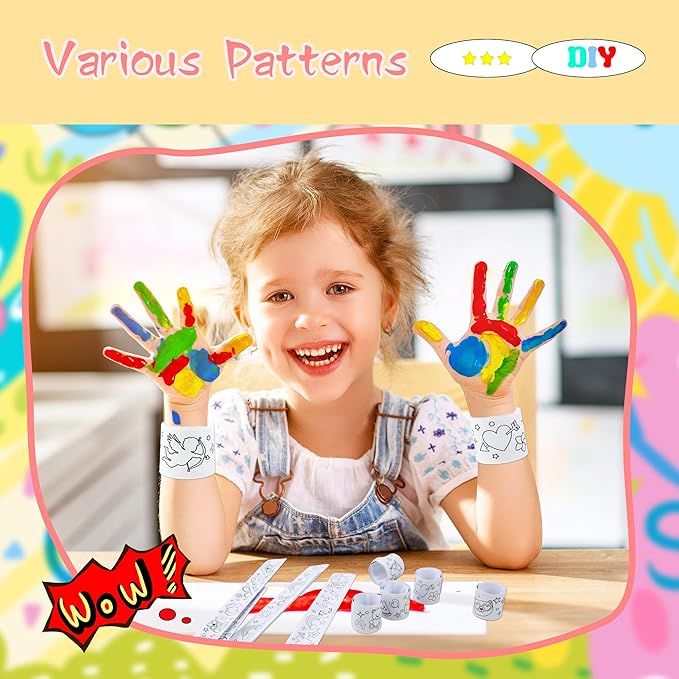 100 Pcs Coloring Cartoon Slap Bracelets Bulk White Slap Bands 8.7 x 1.2 Inch DIY Slap Bracelet for Kids Birthday Party Favors DIY Craft Classroom Craft Projects Prizes, 5 Styles